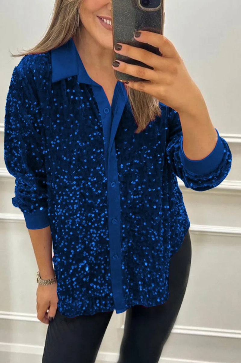 Damen nan glitzernde Pailletten-Hemdbluse mit Kragen, Knopfleiste und elastischen Manschetten R&B