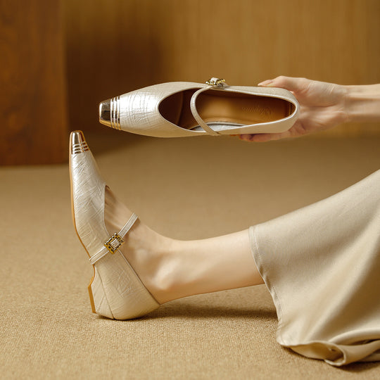 Damen Ballerinas mit elegantem Riemen und stilvollem Blockabsatz R&B
