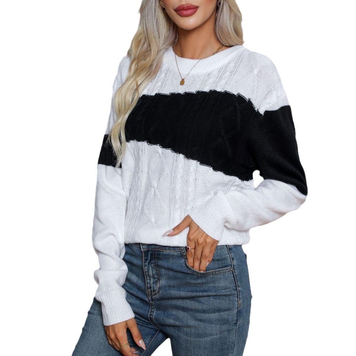 Damen Strickpullover mit modernen Kontrasten und Zopfmuster R&B