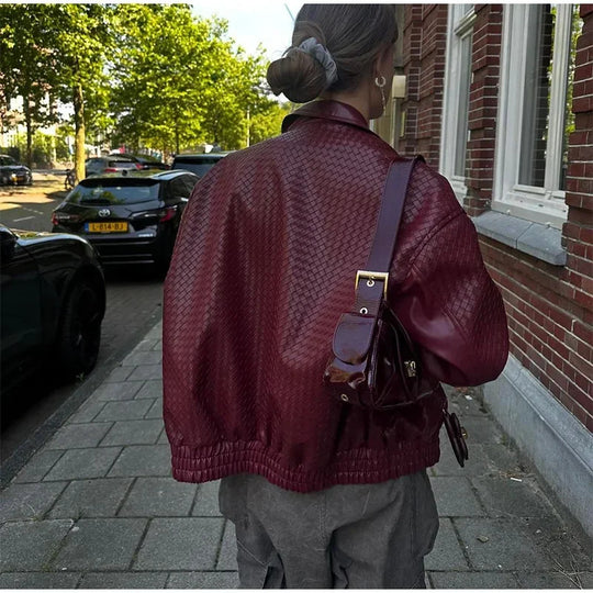 Damen modische Kunstleder-Bomberjacke mit strukturiertem Design und elastischem Bund R&B