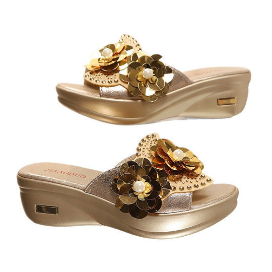 Damen Glamouröse Pantolette mit floralen Applikationen und bequemem Fußbett R&B