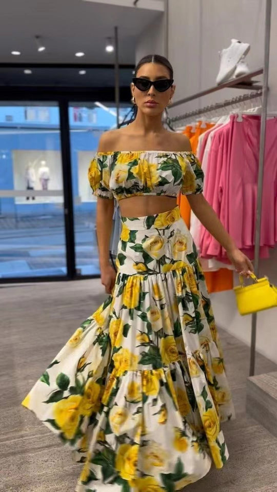 Damen Zweiteiliges Wickelkleid mit floralem Oberteil und schwingendem Rock R&B