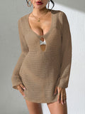 Damen luftiges Strickkleid mit tiefem V-Ausschnitt und modischem Schlitz R&B
