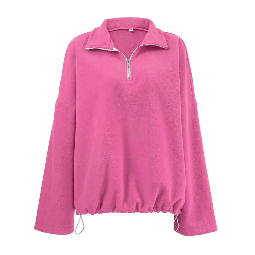 Damen lässiger Fleece-Pullover mit halbem Reißverschluss und oversized Schnitt R&B