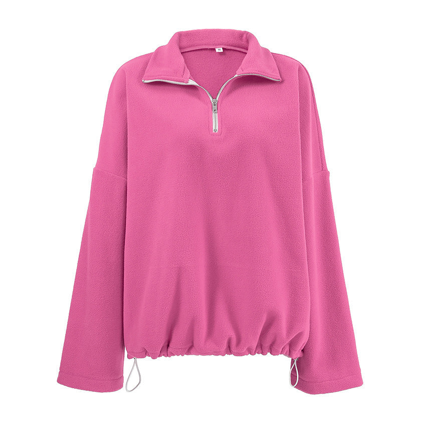 Damen lässiger Fleece-Pullover mit halbem Reißverschluss und oversized Schnitt R&B