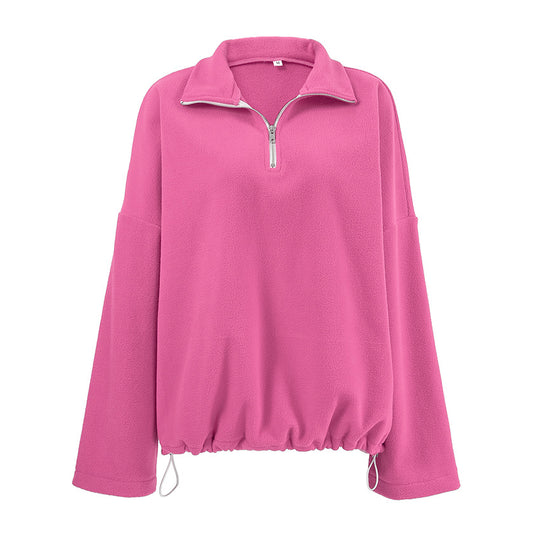 Damen lässiger Fleece-Pullover mit halbem Reißverschluss und oversized Schnitt R&B
