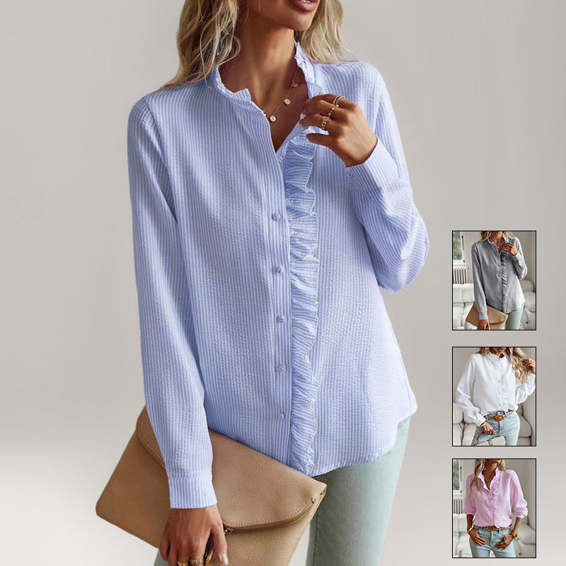 Damen nan strukturierte Bluse mit Rüschenknopfleiste und Stehkragen R&B