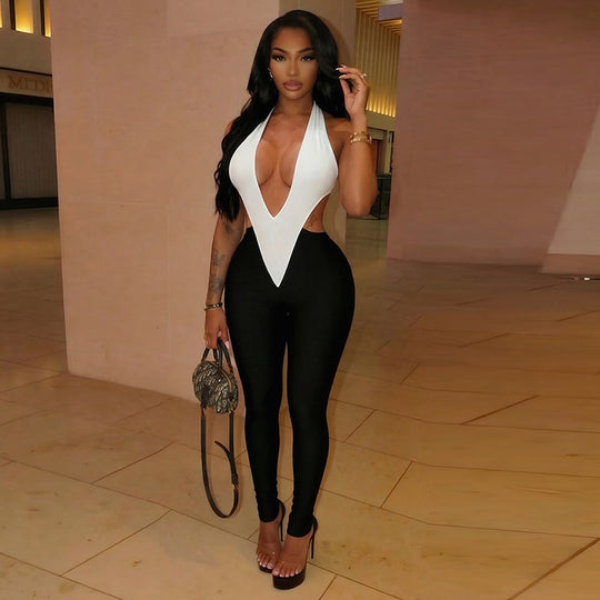 Damen Eleganter und figurbetonter Jumpsuit mit tiefem V-Ausschnitt und seitlichen Cut-Outs R&B