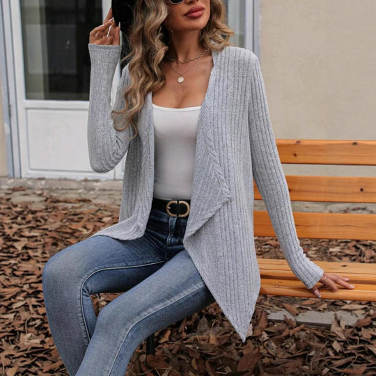 Damen Strickjacke mit asymmetrischem Saum und offenem Design R&B
