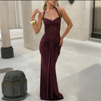 Damen elegantes Maxikleid mit schmeichelnder Raffung und Halterneck R&B