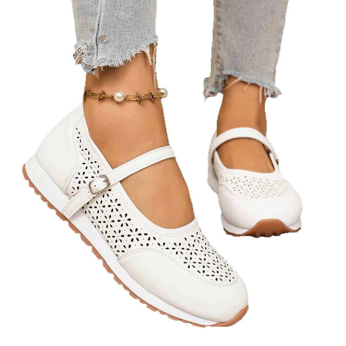 Damen Atmungsaktive Ballerinas mit elegantem Lochmuster und verstellbarem Riemen R&B