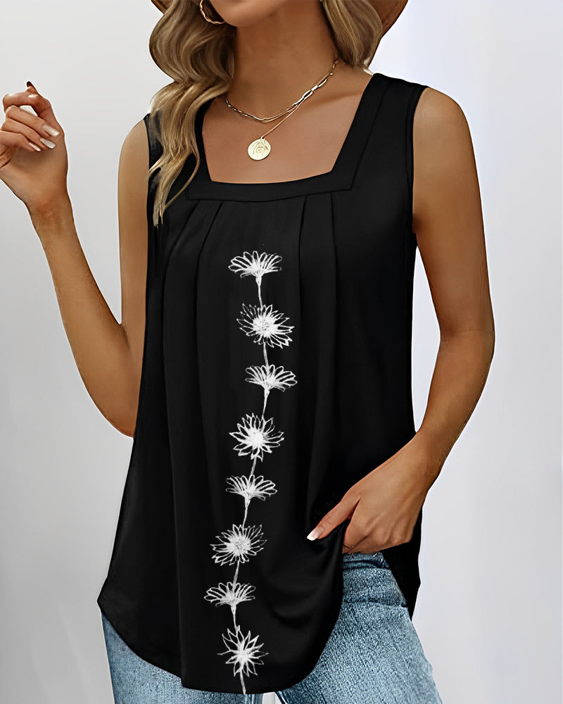Damen nan ärmelloses Longtop mit quadratischem Ausschnitt, Faltenpassé und mittigem Blumenprint R&B
