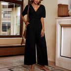 Damen lässiger Jumpsuit mit Taillengürtel und weitem Bein R&B