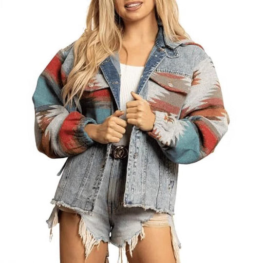 Damen Denimjacke im lässigen Boho-Stil mit Kapuze R&B