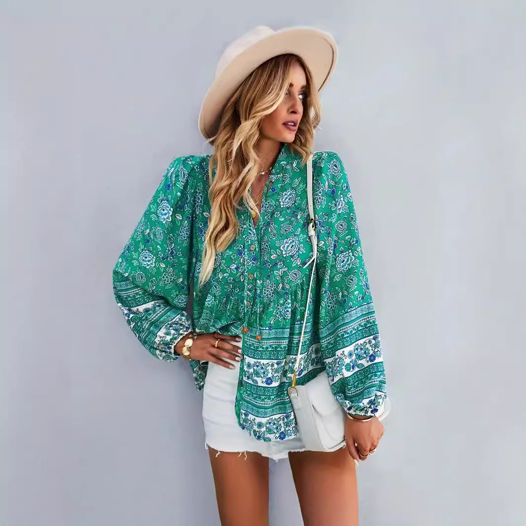 Damen Blusentop mit buntem Blumenmuster und Volantärmeln R&B