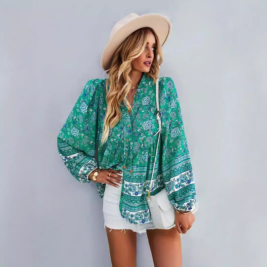 Damen Blusentop mit buntem Blumenmuster und Volantärmeln R&B