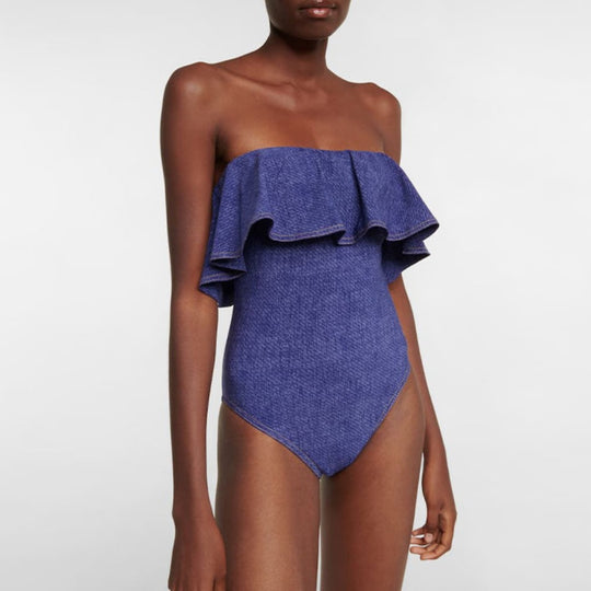 Damen Bandeau Badeanzug mit dekorativen Schleifen und gestreiftem Maxiröckchen R&B
