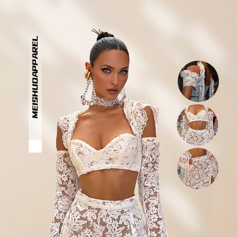 Damen Lace Crop Top und Rock Set mit transparenten Details EB