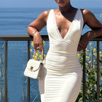 Damen elegantes figurbetontes Midi-Kleid mit verführerischem V-Ausschnitt und feinen Trägern R&B
