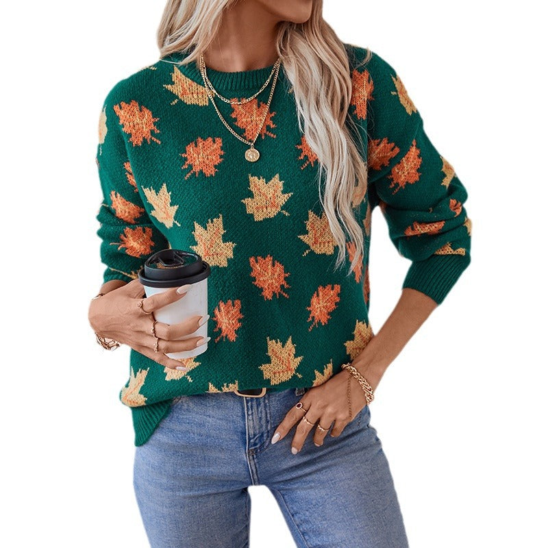 Damen Strickpullover mit strukturiertem Blättermotiv und Rundhalsausschnitt