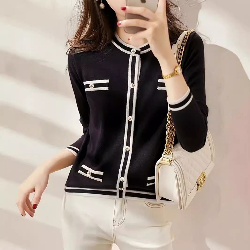Damen Strickjacke mit goldenen Knopfdetails und Streifenmuster R&B
