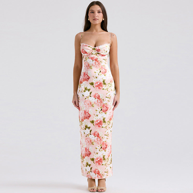 Damen Langärmeliges Satin Maxikleid mit floralen Rüschen R&B