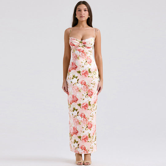 Damen Langärmeliges Satin Maxikleid mit floralen Rüschen R&B