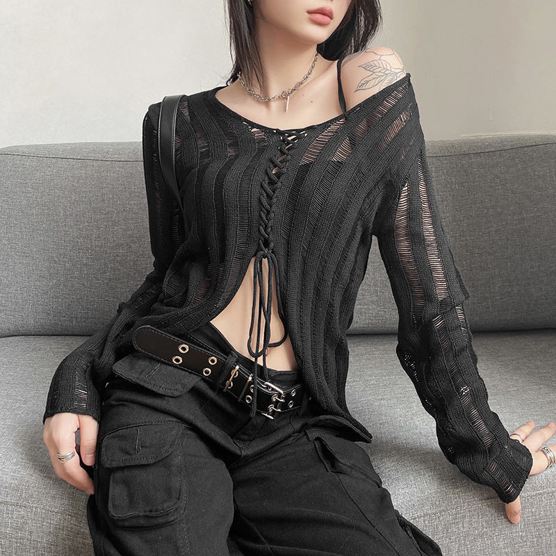 Damen Strickjacke mit modernem Schnürdesign und feinen Lochmustern R&B