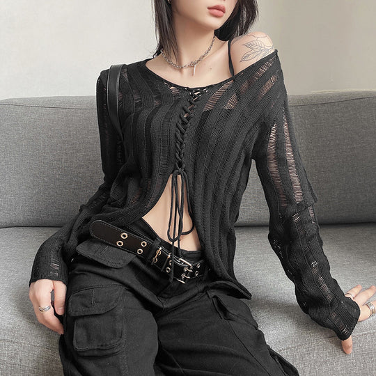 Damen Strickjacke mit modernem Schnürdesign und feinen Lochmustern R&B