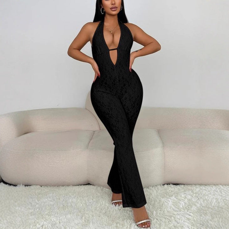 Damen eleganter Jumpsuit mit tiefem V-Ausschnitt und Spitzendetails R&B