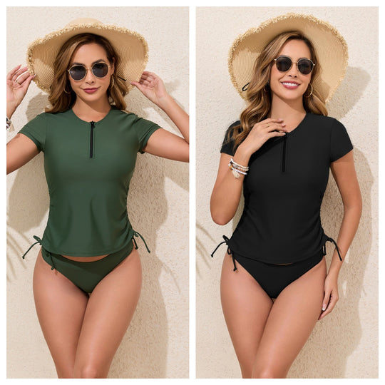 Damen Sportliches Rashguard-Bikini-Set mit verstellbaren Seiten R&B