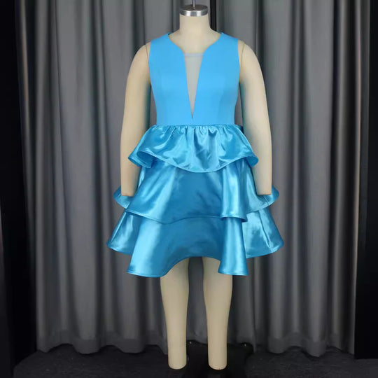 Damen Festliches Schwingendes Kleid mit Volant und Transparente Einsätze R&B
