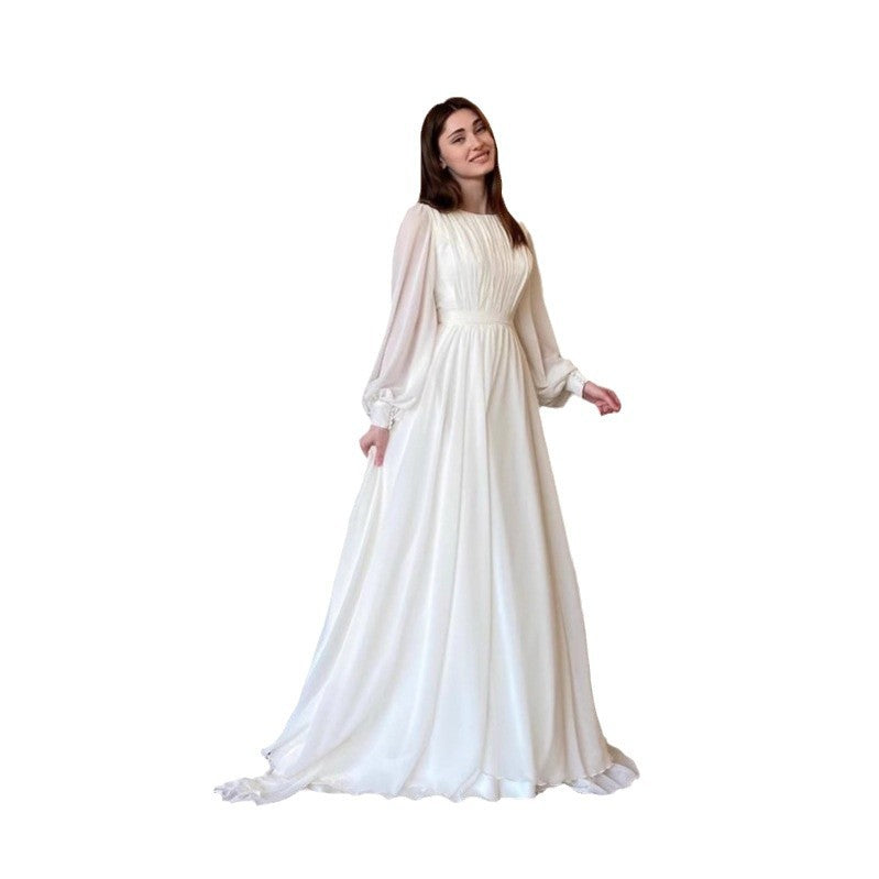 Damen Maxi-Party Kleid mit langen fließenden Ärmeln und Spitzenakzenten R&B