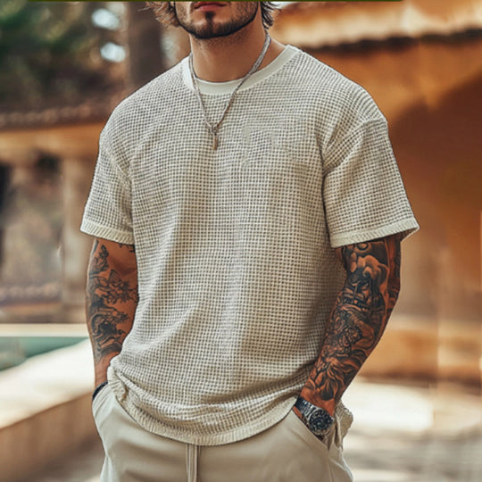 Herren lässiges Waffelstrick-T-Shirt mit Rundhalsausschnitt R&B