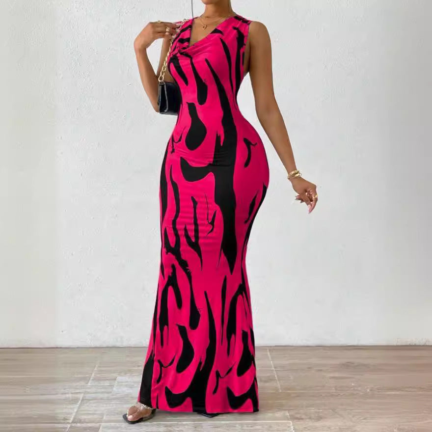 Damen Figurbetontes Maxikleid mit attraktivem Muster und elegantem V-Ausschnitt R&B