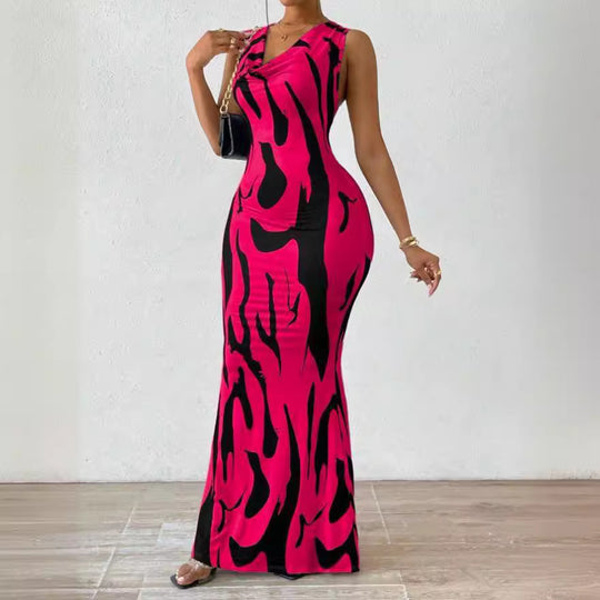 Damen Figurbetontes Maxikleid mit attraktivem Muster und elegantem V-Ausschnitt R&B