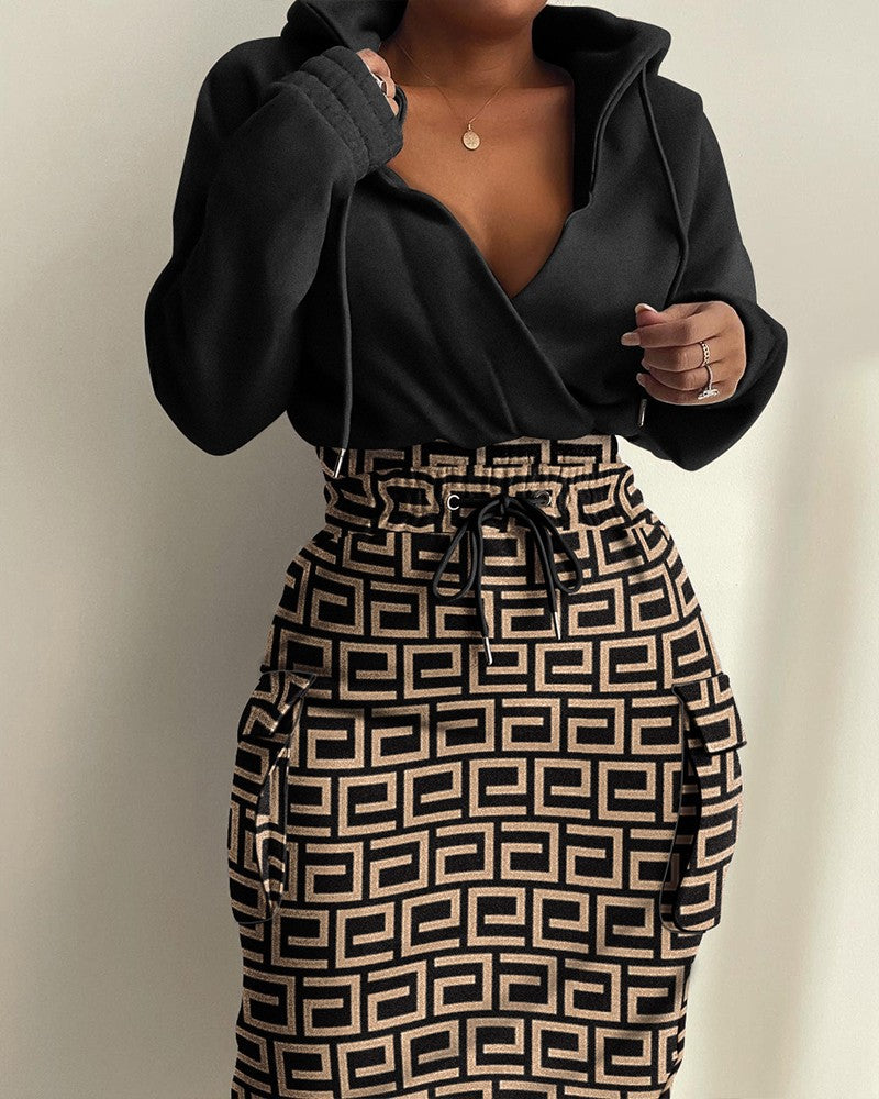 Damen lässiges Set mit modernem Zeitungsdruck R&B