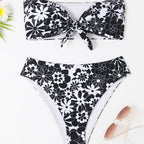 Damen Bandeau Bikini mit modischem Blumenmuster und verspieltem Knotendetail R&B