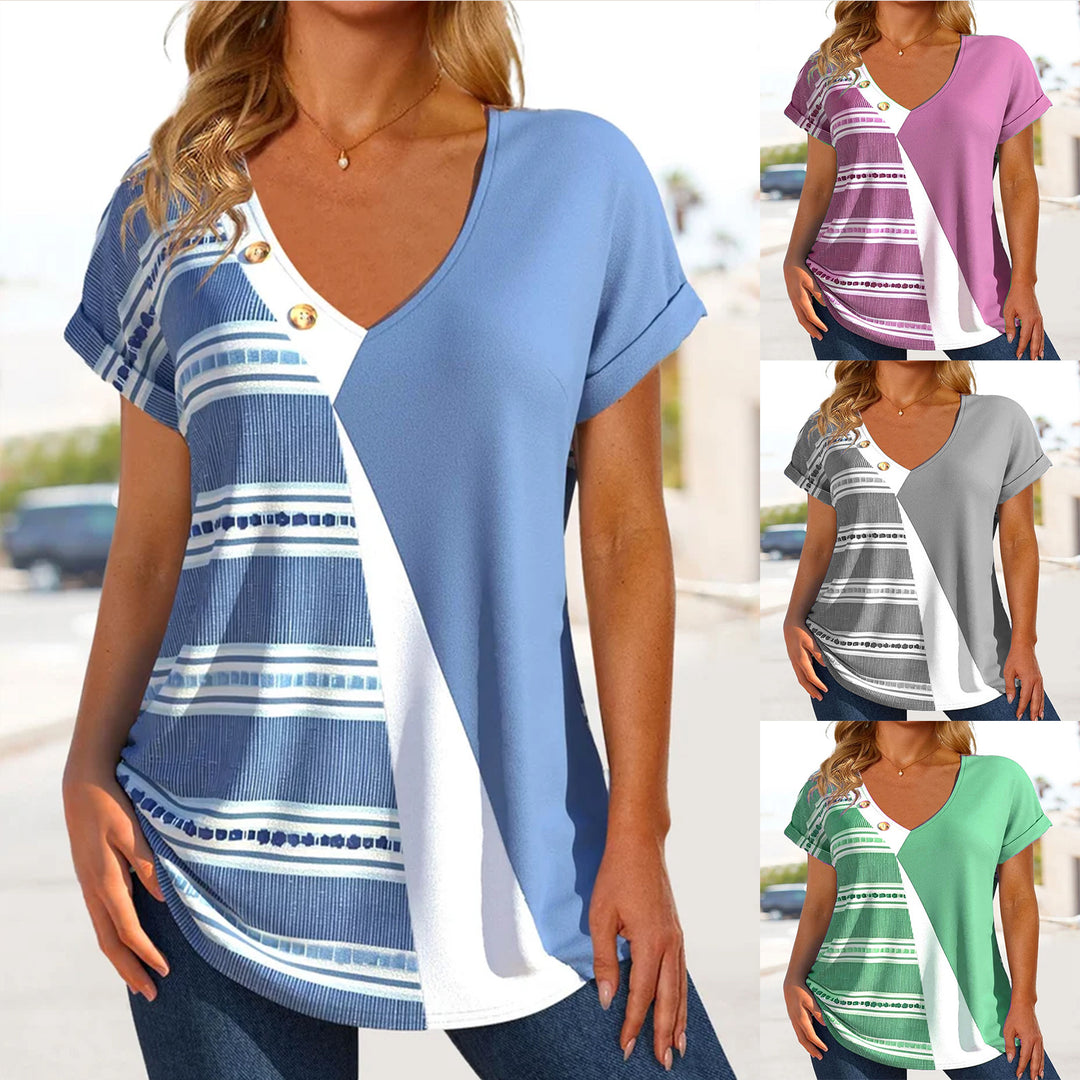 Damen V-Ausschnitt T-Shirt mit einzigartigem geometrischem Design und Knopfdetails R&B
