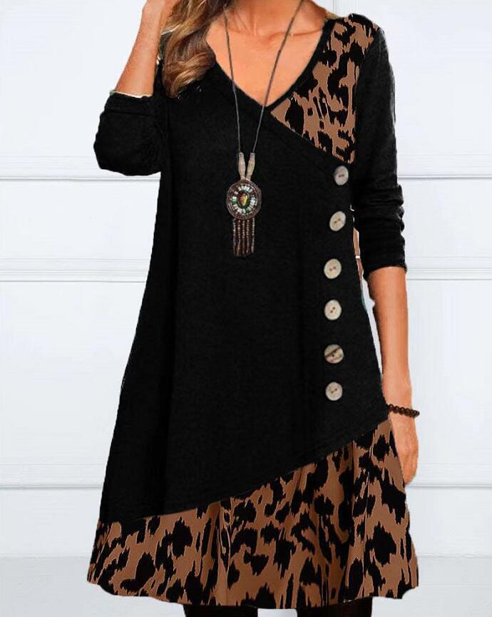 Damen nan asymmetrisches V-Ausschnitt-Tunika-Kleid mit Zierknopfleiste und Animalprint-Besatz R&B