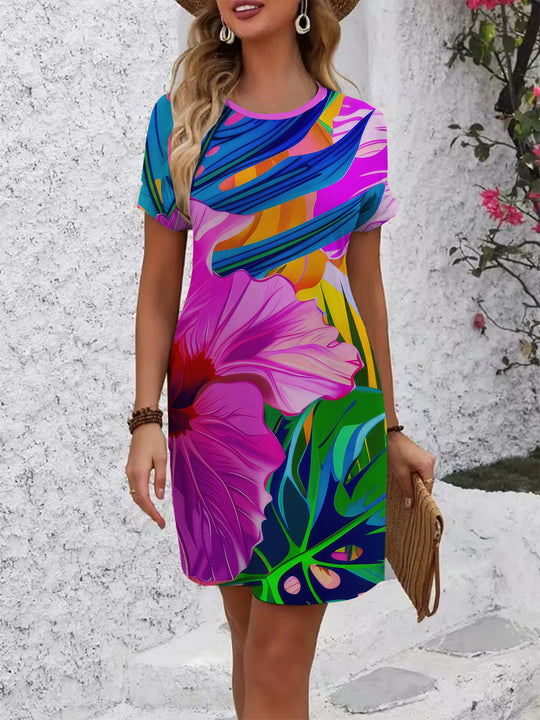Damen lässiges T-Shirt Kleid mit buntem Blumenmuster und bequemem Schnitt R&B