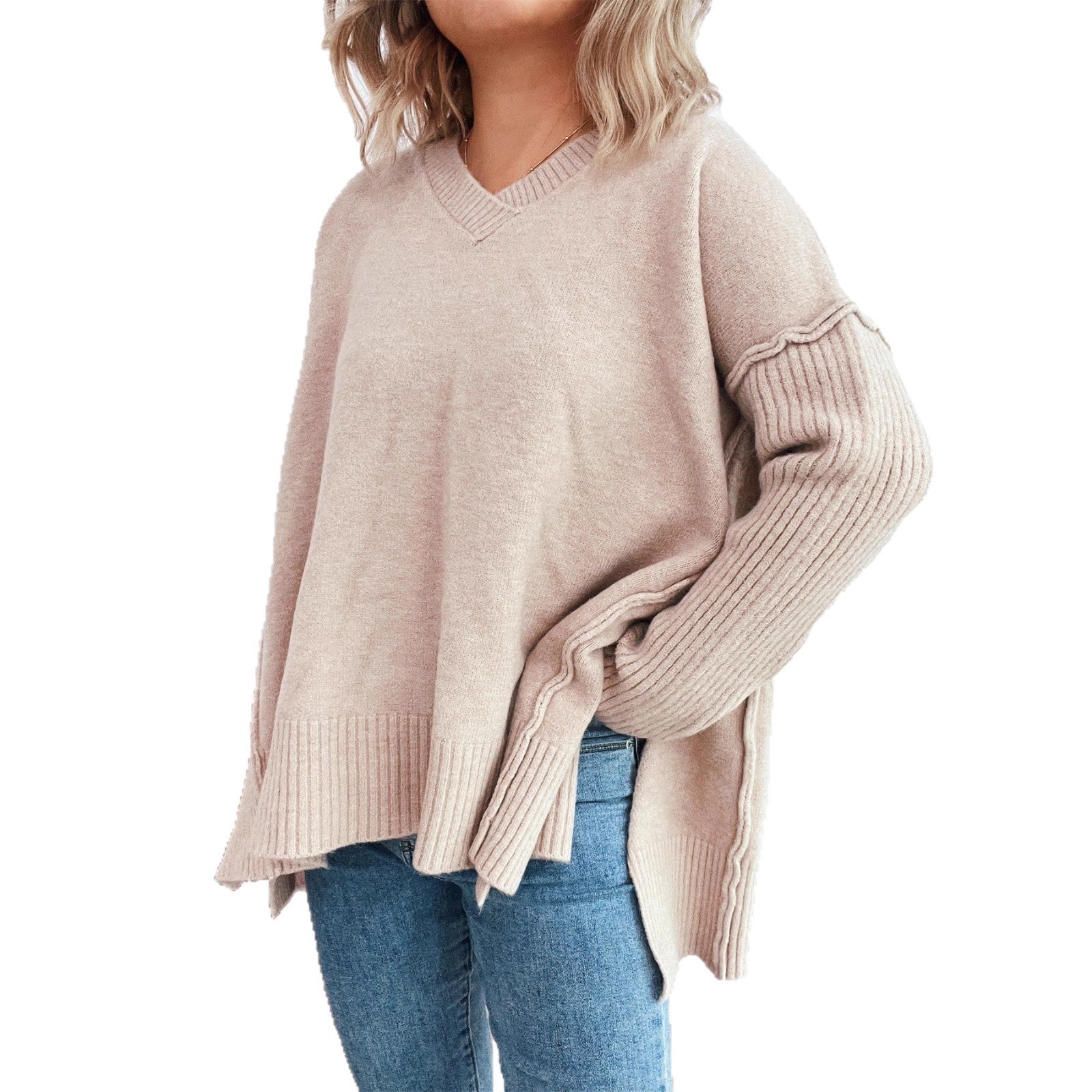 Damen lässiger V-Ausschnitt Pullover mit stylishen Rippdetails R&B