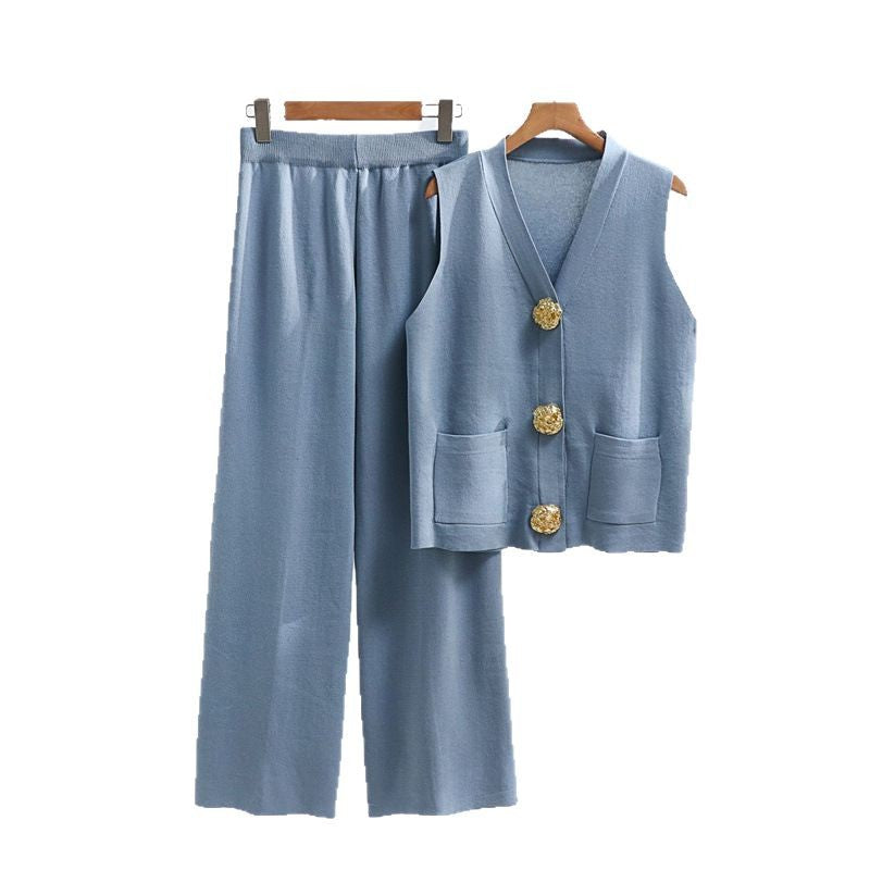 Damen elegantes Strick-Loungewear-Set mit Knopfdetaillierung R&B