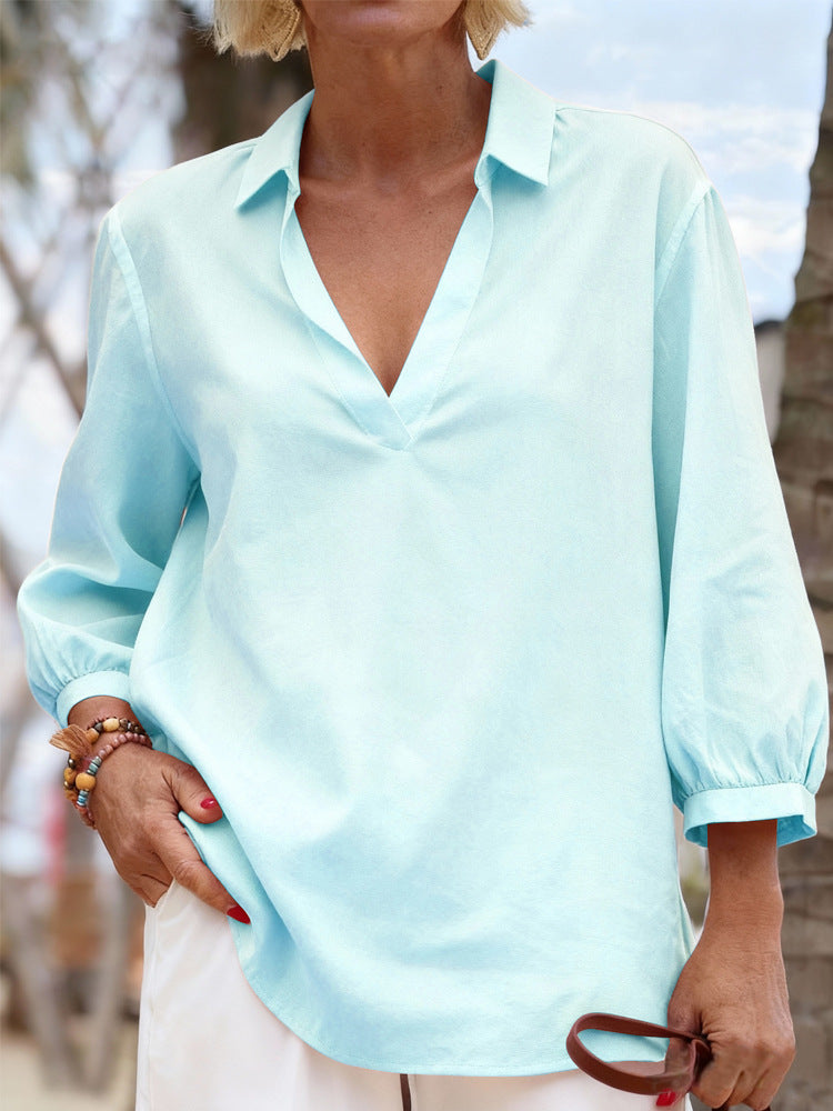 Damen Bluse mit lässigem V-Ausschnitt und elastischen Ärmeln R&B
