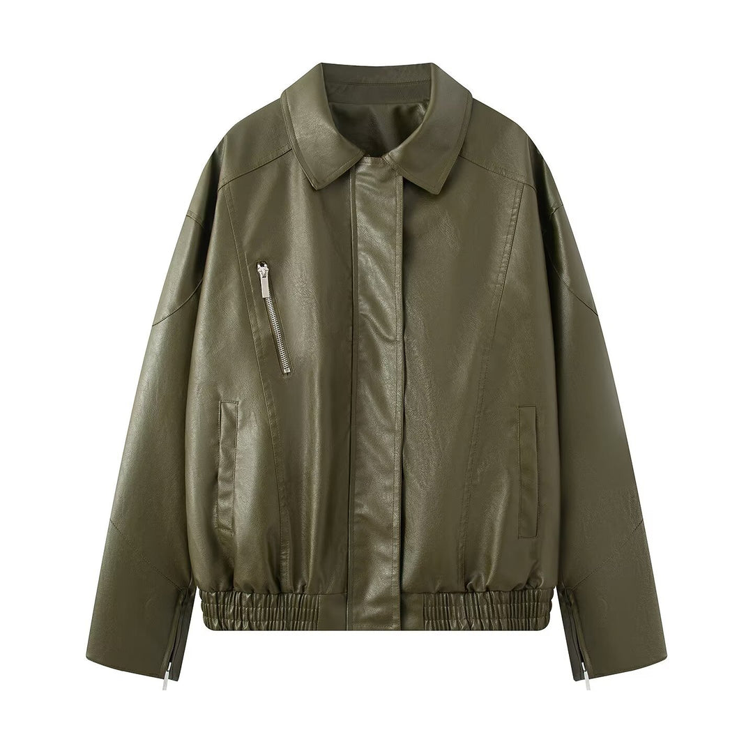 Damen Kunstlederjacke mit elastischem Bund und lässigem Schnitt R&B