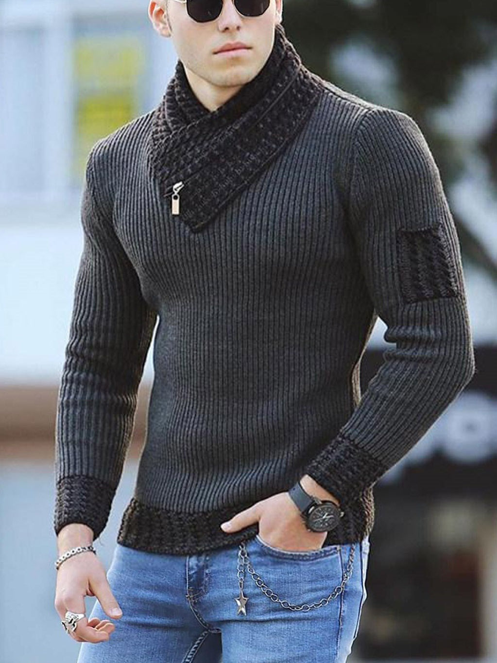 Herren Strickpullover mit modernem Kragen und Reißverschluss