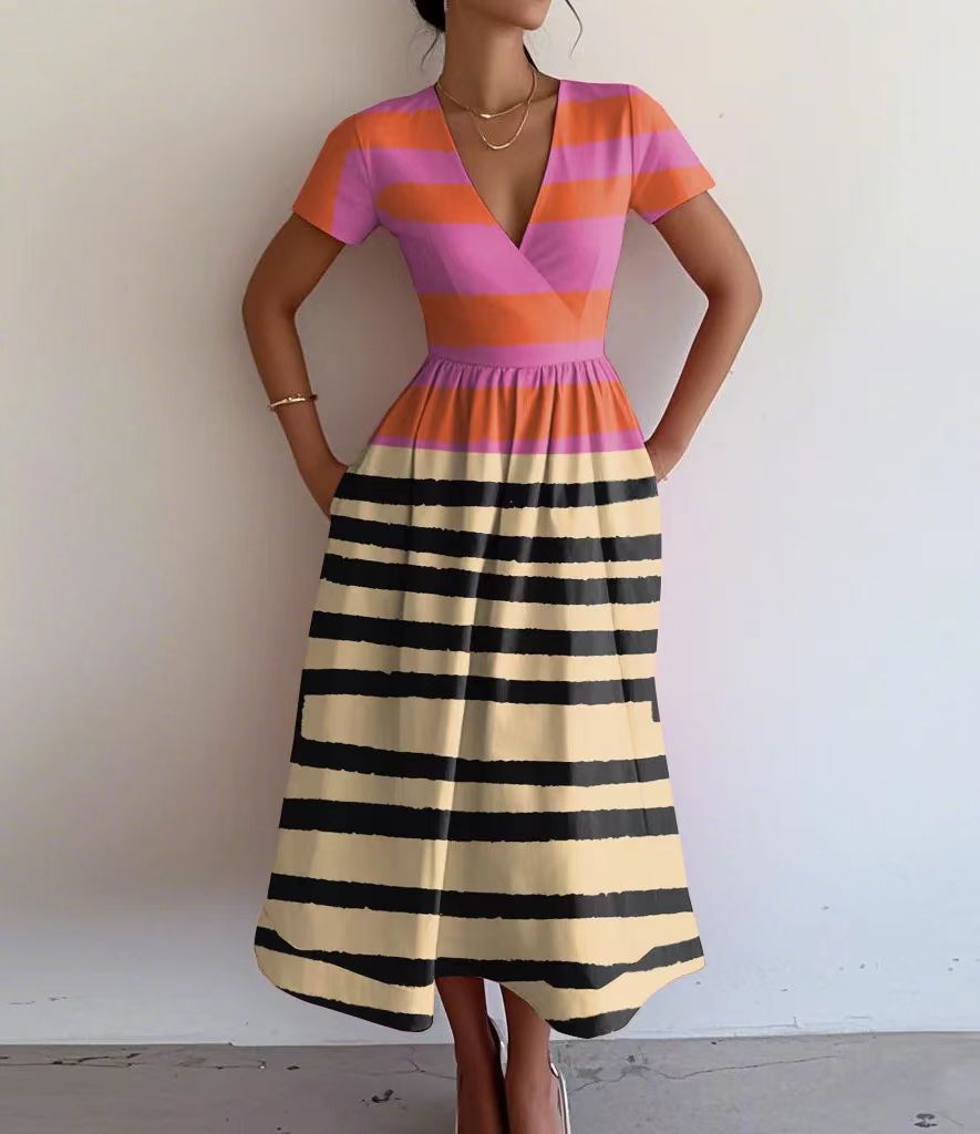 Damen Maxikleid mit tiefem V-Ausschnitt und modischem Streifenmuster R&B