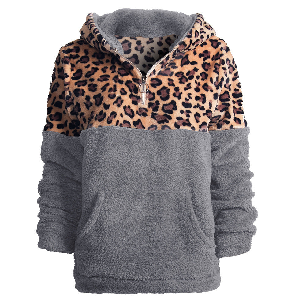 Damen kuscheliger Kapuzenpullover mit aufregendem Leopardenmuster und Kängurutasche R&B