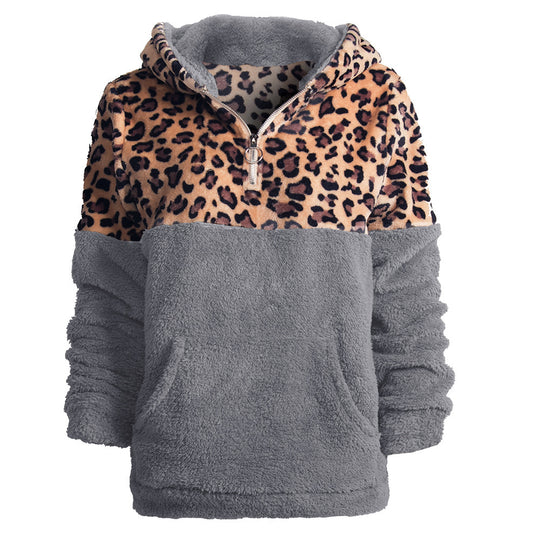 Damen kuscheliger Kapuzenpullover mit aufregendem Leopardenmuster und Kängurutasche R&B
