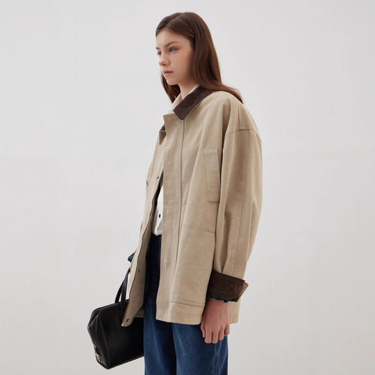Damen Übergroße Baumwolljacke mit kontrastierendem Kragen R&B